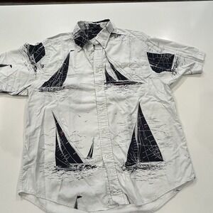 Mens VTG Nautica Nautical Theme Short Sleeve‎ Button Up Shirt Large L  Sailboats